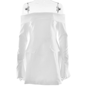 Detail of white off-the-shoulder mini dress featuring long sleeves and waist flap pockets