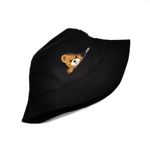Unisex black bucket hat with cartoon bear zipper print for sun protection and outdoor style