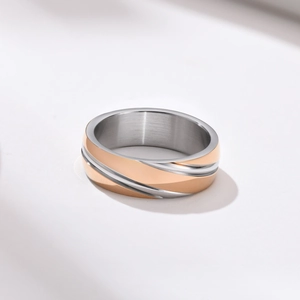 Detail of two-tone silver and rose gold steel ring showing polished finish and brushed texture