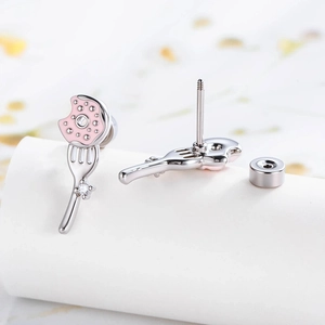 Pink enamel donut with fork cartilage stud earrings featuring zircon and screw back
