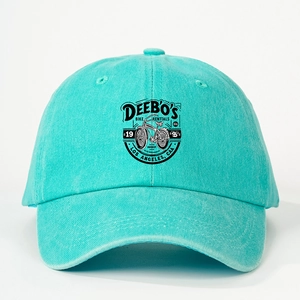 Adjustable mint green washed cotton baseball cap with vintage bike rental graphic print