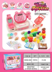 Detailed components of kids cash register toy with calculator and shopping cart