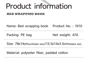 Detailed specifications for the 12-page double-sided infant bed book with size and material