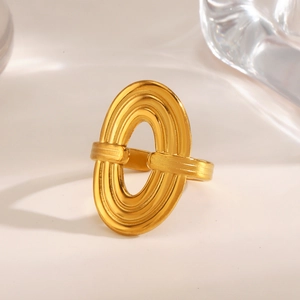 18K gold plated hollow oval ring with adjustable band in polished stainless steel finish