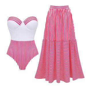 Women striped bandeau one-piece swimsuit with matching tiered maxi skirt set