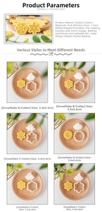 Detail view of 6 snowflake cookie cutters with measurements and PLA material texture