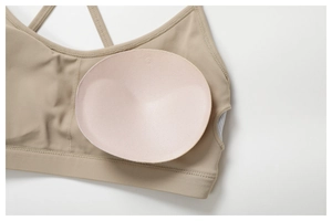 Detail of breathable mesh lining and removable pads for khaki sports bra 8347