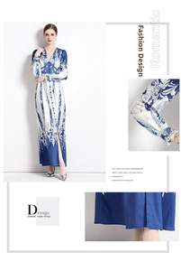 Detail view of V-neck maxi dress featuring blue floral print and side slit hem design