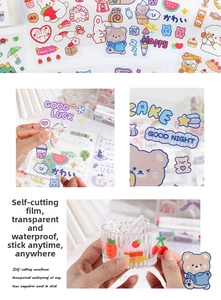 Macro detail of waterproof cartoon PET stickers featuring cute bear and rabbit designs