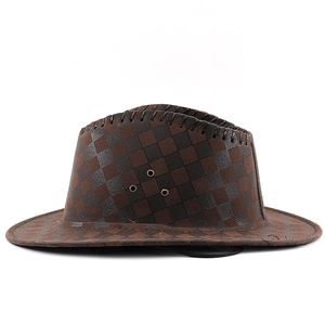 Close-up of checkerboard cowboy hat with dark brown texture and side metal air vents