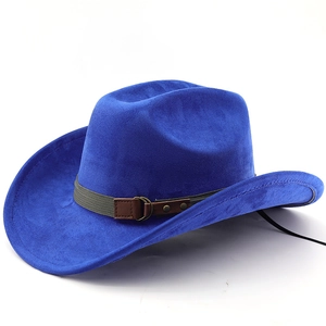 Close-up of blue faux suede cowboy hat with grey fabric band and brown leather buckle
