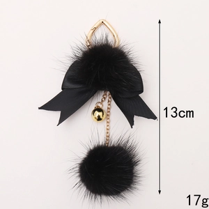 Portachiavi con pompon nero, fiocco e campanellino dorato, lunghezza 13 cm