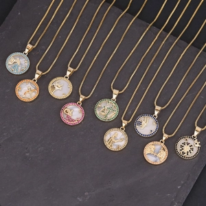 Zodiac Constellation Pendant Necklace Copper Shell Cubic Zirconia Colorful 18K Gold Plated Jewelry Gift For Women