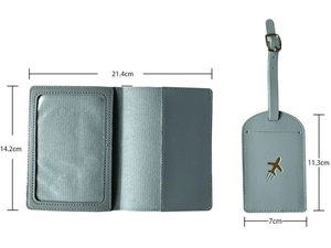 Detailed view of Morandi blue PU leather passport holder and luggage tag with dimensions