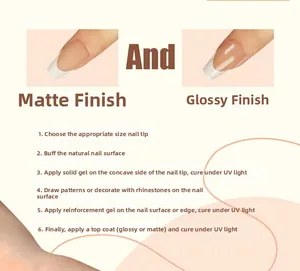 Six-step tutorial showing matte and glossy French nail application with solid gel