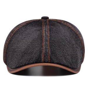 British retro denim newsboy cap with vintage wash and brown leather brim detail