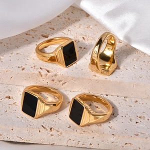 Retro 18K gold plated stainless steel rings with black square stone inlay on stone base