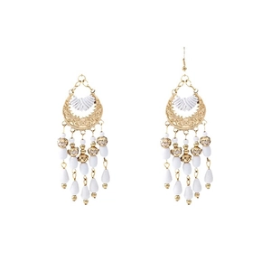 Bohemian style beaded tassel earrings with white resin teardrop beads on gold frames