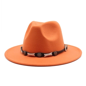 Classic orange wool fedora hat with wide brim and star-studded leather band for winter
