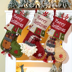 Christmas Stockings Linen Blended Fabric Plush Santa Snowman Reindeer Gnome Hanging Decorations For Fireplace Festive Decor