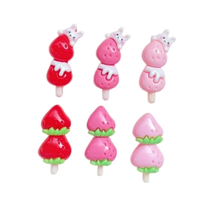 Miniature resin strawberry tanghulu with rabbits for DIY phone cases and hair accessories