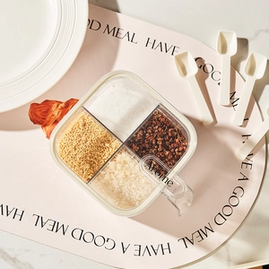 Kitchen press-type 4-compartment seasoning box with spoons and moisture-proof seal lid