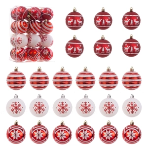 Detail of 24 red and white 6cm Christmas balls with reindeer and snowflake patterns