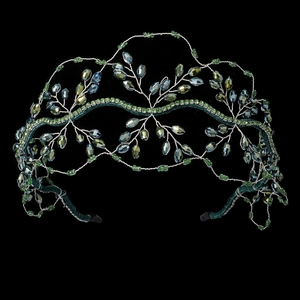 Handmade crystal bridal headband green beaded hair accessory for wedding party events detail.