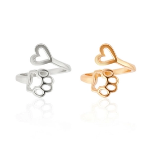 Adjustable hollow heart and pet paw print rings in silver and rose gold finishes