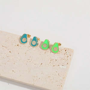 French vintage avocado stud earrings with gold plating and zircon inlay on stone base