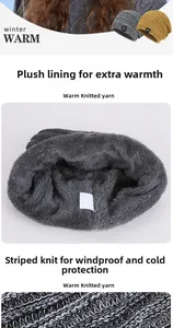 Detail of warm winter striped knit beanie featuring thick grey fleece lining for wind protection