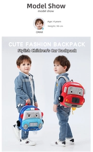 Detail view of plush cartoon police and fire car backpacks for toddlers on white background