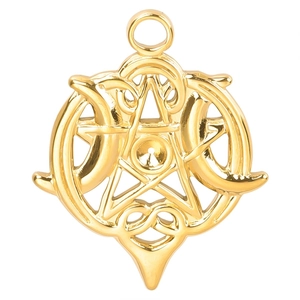 Macro shot of 18k gold plated stainless steel triple moon pentagram pendant charms