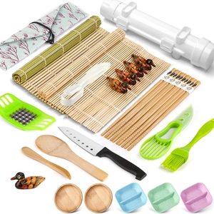 Comprehensive 25-piece bamboo sushi making kit with rolling mats and kitchen utensils