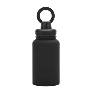 Close-up of matte black stainless steel sports bottle with portable ring handle design