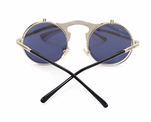 Detailed rear view of silver metal steampunk flip-up sunglasses with blue round lenses
