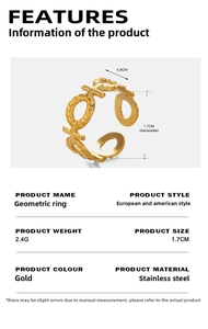 Detail eines verstellbaren Edelstahlrings in Gold mit Größenangaben und XO-Geometrie