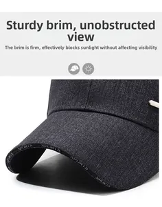 Detail of dark grey winter baseball cap showing stiff brim with SPORTS woven text