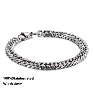 Detailed view of 8mm silver stainless steel Cuban link bracelet with high-polish finish