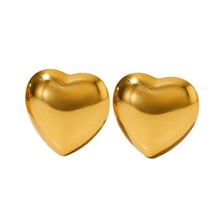 Polished gold hollow heart stud earrings in stainless steel with a mirrored finish