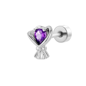 Silver titanium steel flower bouquet stud earring with purple pear-shaped zircon stone