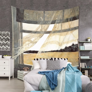 Detail of bohemian tapestry featuring a realistic landscape window view for room decor