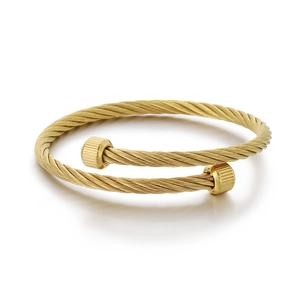 Punk style golden stainless steel cable wire open bangle with twisted rope texture
