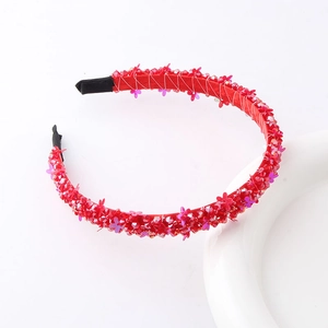 Fashionable red beaded headband with crystal flower sequins and protective ribbon tips