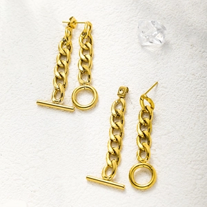 Detailed macro view of 18K gold plated stainless steel OT buckle chain earrings set