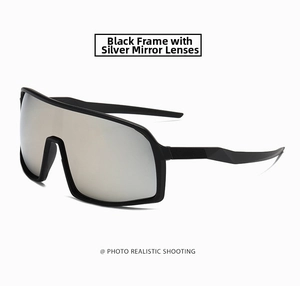 Close-up of matte black cycling sunglasses frame with reflective silver mercury lenses