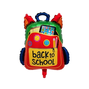 Détail d'un ballon en forme de cartable avec imprimé coloré de rentrée et poignée bleue