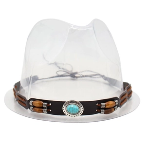 Close-up of brown leather hat band with turquoise stone and wooden bead details
