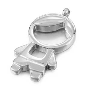 Polished stainless steel boy shaped pendant with crystal accent and silver finish charm
