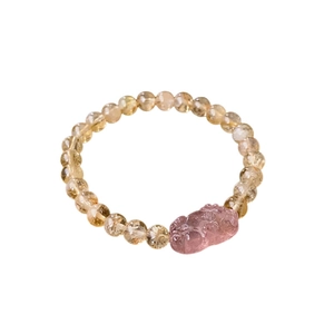 Natural fluorite beaded bracelet with yellow crystals and a purple Pi Xiu charm